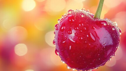 Wall Mural - Close-up of a juicy, ripe cherry with water droplets glistening, perfect for food illustrations and healthy eating promotions