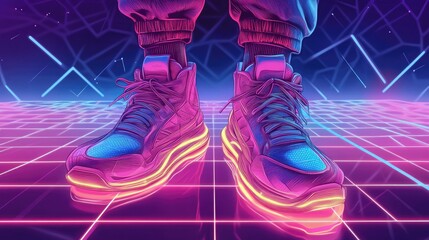 Wall Mural - Close-up of glowing sneakers on a neon grid background.