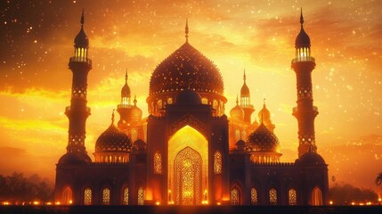 Beautifully lit mosque with intricate architecture and glowing lanterns, set against a golden sky, perfect for a Ramadan background.