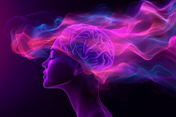 Sticker - Silhouette of a woman’s head surrounded by glowing purple waves of light symbolizing creativity imagination and futuristic technology in a vibrant ethereal setting