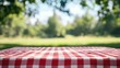 © 69 - A red and white checkered cloth covering an empty picnic table, with the natural background softly out of focus, evoking peaceful outdoor vibes.
