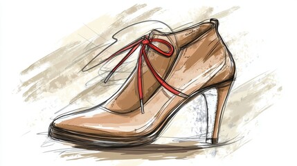 Wall Mural - Hand-drawn illustration of a stylish heeled ankle boot with a red bow.