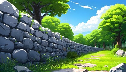 Whimsical Cartoon of a Sunny Day Featuring a Stone Wall Nestled in a Vibrant Green Forest