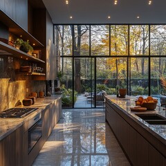 Wall Mural - Modern Kitchen With A View Of The Autumn Woods.