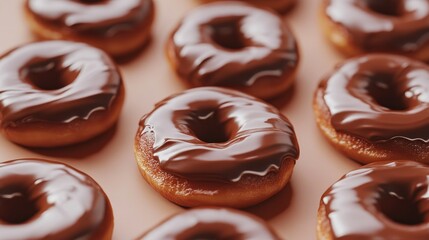 Close-up of freshly baked chocolate donuts with a rich, shiny glaze, isolated on a light brown background. A delicious visual treat.