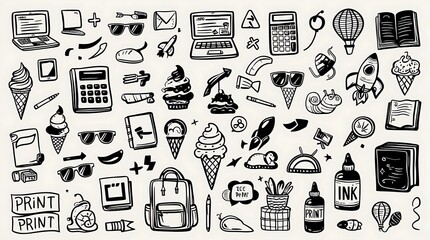 Fun black and white doodle illustration with laptops, rockets, ice cream cones, and whimsical elements. Perfect for quirky prints or playful decor.