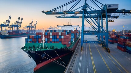 A container ship at a dock with a quay crane. The ship is carrying numerous container boxes. Business commercial trade global cargo freight shipping logistic and transportation worldwide overseas.