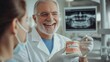 © gn8 - Smiling Dentist Holding Tooth Model Explaining Dental Health Care