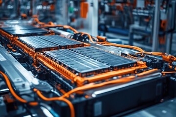 Close-up view of electric vehicle battery cells being produced on an assembly line in a modern factory