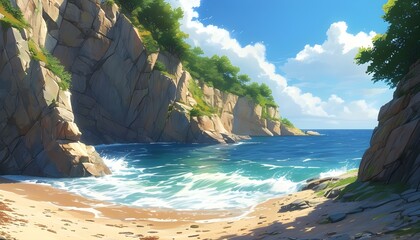 Cartoon portrayal of a vibrant summer day at a picturesque cliffside beach