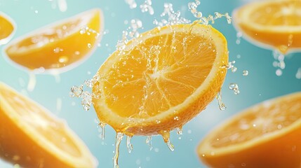 Canvas Print - Flying orange slices dripping juice in vibrant motion against a bold background, symbolizing freshness