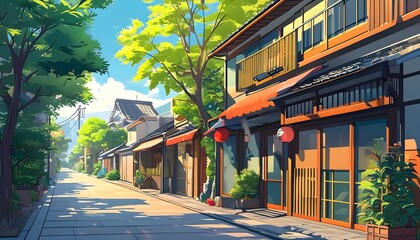 Wall Mural - Vibrant Cartoon Scene of a Sunny Japanese Neighborhood