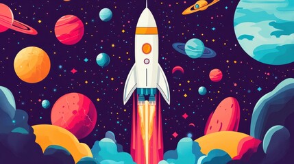 A vector design of a space exploration scene, with rockets, astronauts, and planets, in a vibrant, cartoon style