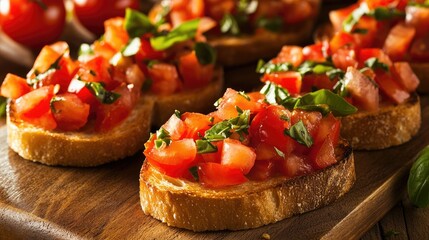 Canvas Print - Freshly prepared bruschetta with vibrant tomatoes and basil on toasted bread, showcasing the flavors of Italian cuisine