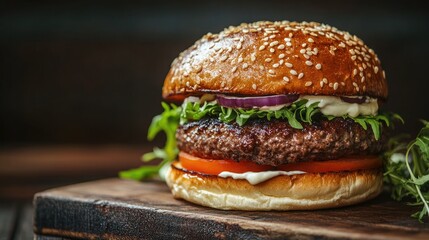 Sticker - Gourmet homemade hamburger with fresh ingredients, served on a rustic wooden board, perfect for fast food lovers