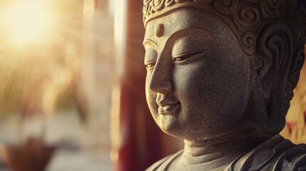 A detailed view of a spiritual statue representing wisdom and enlightenment, framed by gentle light.