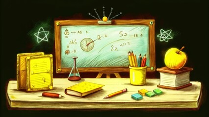 Wall Mural - Still Life of School Supplies and an Apple on a Wooden Table