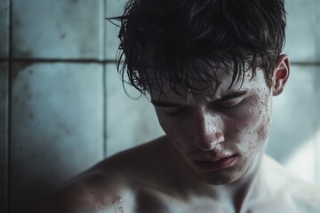 Young man in a dark, gritty shower, looking down with a somber expression. Emotional distress and vulnerability