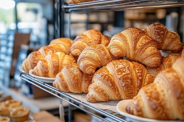 Fresh croissants arranged in a bakery setting, representing a cozy morning breakfast with pastries