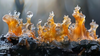 Close-Up of a Golden Mushroom with Water Droplets