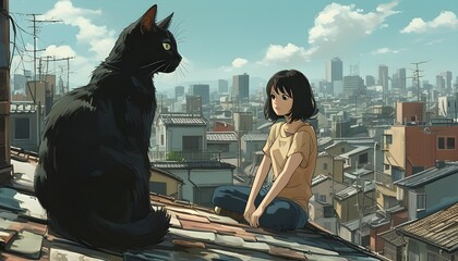 Chic girl and black cat lounging on a nostalgic rooftop in dreamy Japanese anime style, exuding a laid-back and bored vibe.