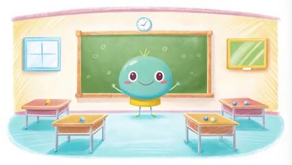 Sticker - A Cartoon Character Standing in Front of a Green Chalkboard in a Classroom