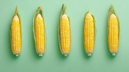 Freshly harvested sweet corn arranged in a row, isolated on a light green background, emphasizing the fresh and organic nature.