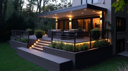 Wall Mural - A contemporary deck with built-in planters, metal railing, and LED lighting for a modern, sleek look.