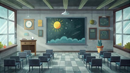 Sticker - Empty Classroom with Chalkboard Drawing of Sun and Stars