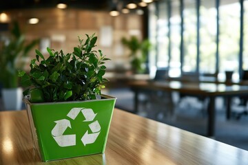 Wall Mural - Green recycle symbol with a professional environment, representing recycling or waste sorting in an office setting