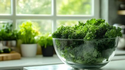 Fresh kale in a glass bowl, surrounded by green plants. Perfect for health and nutrition themes in kitchen settings.