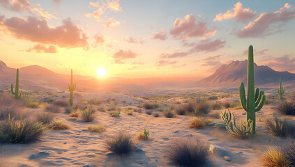 Stunning desert landscape featuring cacti and a vibrant sunset sky, capturing the beauty of a peaceful natural setting.