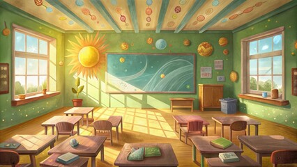 Sticker - A Sun-Drenched Classroom with a Space-Themed Chalkboard and Sun Decoration