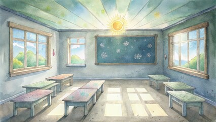 Sticker - Watercolor illustration of a sunlit classroom with desks and a chalkboard