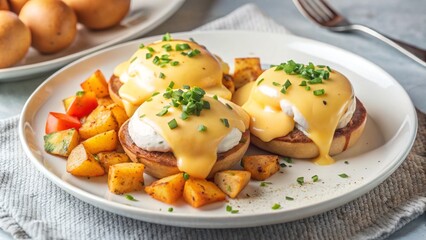 Eggs Benedict served with extra sauce and sliced potatoes on a white plate and garnished with paprika and chives.
