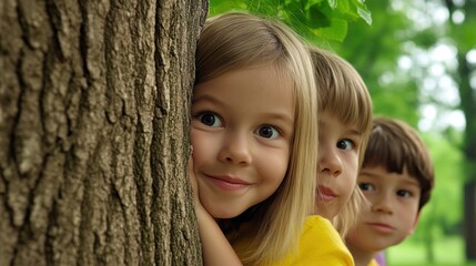 Wall Mural - Three children are peeking out from behind a tree in the park, AI