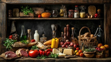 Wall Mural - Rustic Italian homemade food ingredients and utensils, arranged in a vibrant display, representing authentic Mediterranean