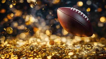 An American football floating amidst a cascade of gold coins, blending the excitement of the game with its financial stakes.