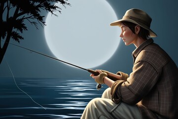 A serene and peaceful nocturnal scene depicting a lone figure fishing under the soft, silvery glow of a full moon, casting a gentle beam of light across the rippling water's surface