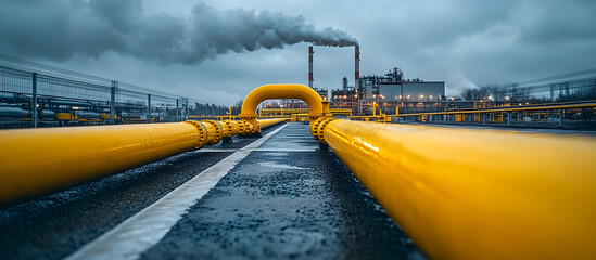 View of industrial pipeline with yellow tubes amidst an overcast sky and factory smoke, highlighting energy production.