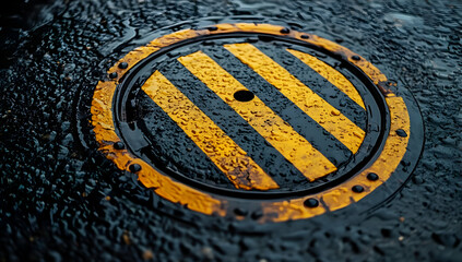 A close-up of a wet manhole cover with yellow and black stripes, reflecting rainwater in an urban street setting.