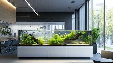 Large aquarium with exotic fish and plants as the centerpiece of a modern, minimalist office space, adding an element of nature.