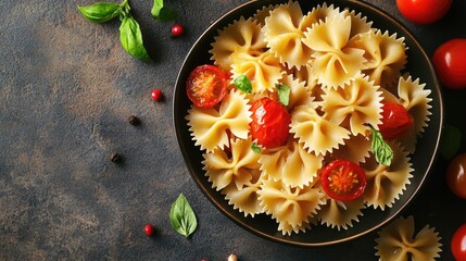 Sticker - Top view of farfalle pasta with roasted tomatoes and herbs on a rustic table, ideal for gourmet cooking and Italian restaurant ads