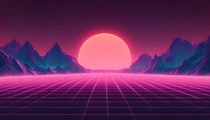 glowing 80s retro sci-fi geometric background with mountain design