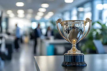 a shiny trophy displayed in an office setting, symbolizing achievement and success in a professional