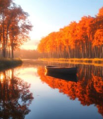 Wall Mural - Autumn Landscape with a Boat on a Calm Lake