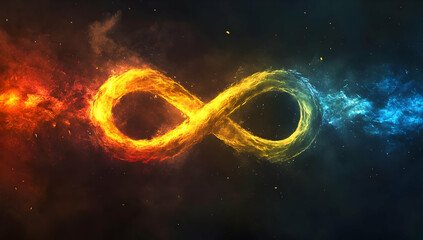 An artistic representation of the infinity symbol in vibrant colors, showcasing the blend of fire and water elements in space.