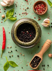 Black Peppercorns, Red Chilli, Basil and Garlic on Green Background