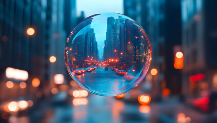 Wall Mural - A mesmerizing bubble captures the vibrant city skyline, reflecting bustling streets and illuminated buildings in a rainy atmosphere.