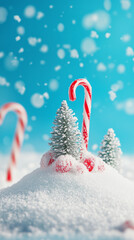 Close-up of snow-dusted trees and candy canes in a winter wonderland